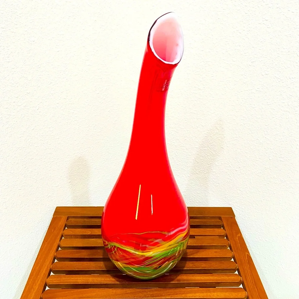 Vintage Murano Red Yellow & Green Art Glass Bottle Vase. Lizarri Glass Signature - Picture 1 of 11